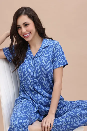 Buy Zivame Knit Cotton Pyjama Set - Bijou Blue
